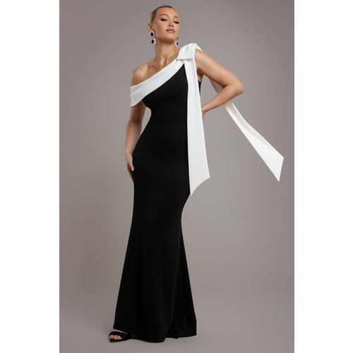 Goddiva One Shoulder Contrast Bow Maxi Dress - Black Cream
