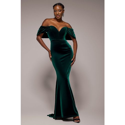 Goddiva Off The Shoulder Deep Plunge Velvet Maxi Dress - Emerald Green