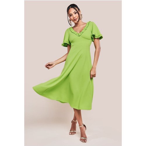 Goddiva Flare Sleeve Frill Edge Midi Dress - Lime Green