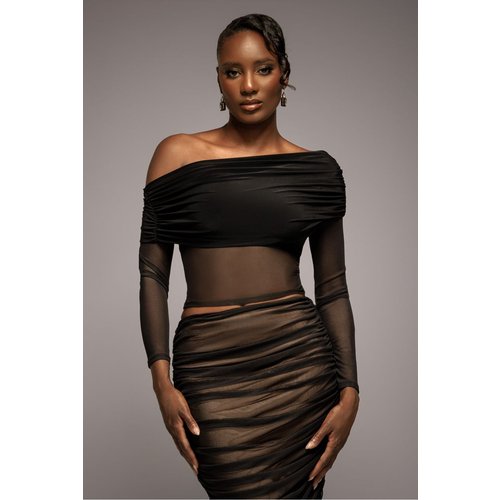 Goddiva Gathered Bardot Asymmetric Mesh Panel Top - Black