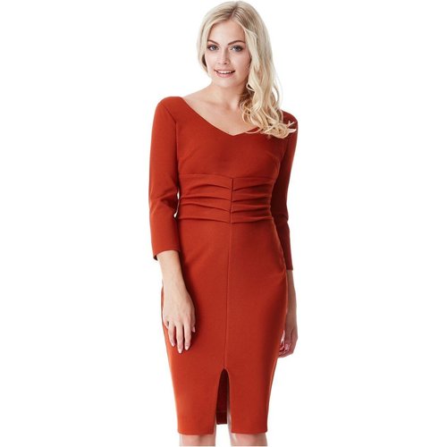 Goddiva V Neck Pleated Midi With Split Detail - Rust