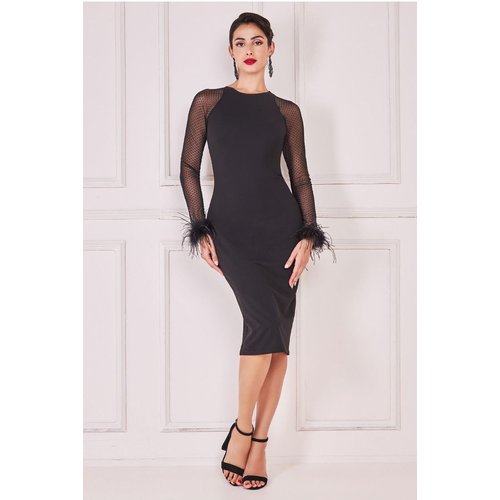 Goddiva Racer Neck Scuba Crepe Feather Sleeve Midi - Black