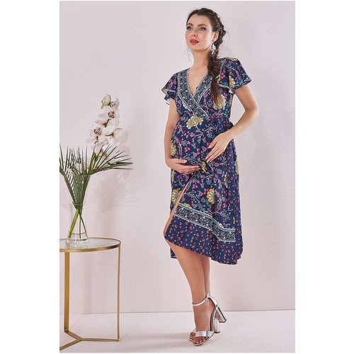 Goddiva Maternity Floral Print Midi Navy Print