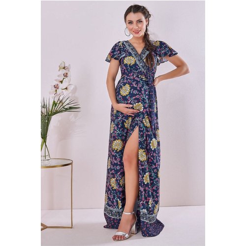 Goddiva Maternity Floral Print Maxi Navy Print