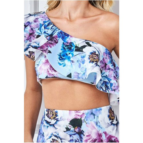 Goddiva One Shoulder Floral Crop Top - Light Blue