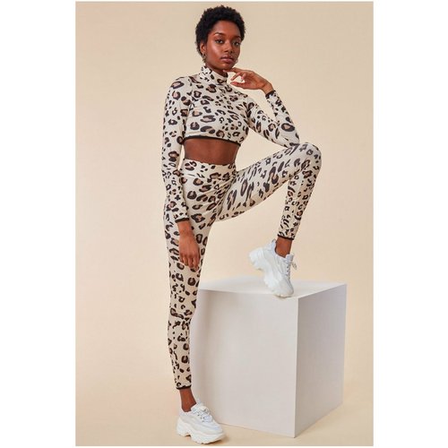 Cosmochic Leopard Print Crop Top&legging Lounge Set - Brown