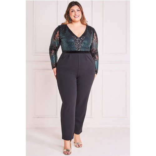 Goddiva Plus Sequin & Mesh Romper - Emerald Green