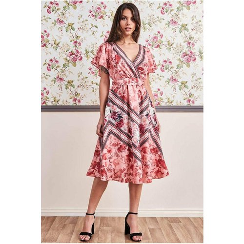 Goddiva Flutter Sleeve Wrap Style Midi Dress - Peach
