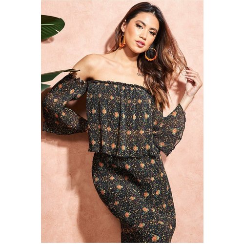 City Goddess Off The Shoulder Printed Crop Top - Black