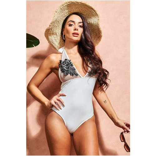 Goddiva Halter Neck Floral Embroidered Swimsuit - White