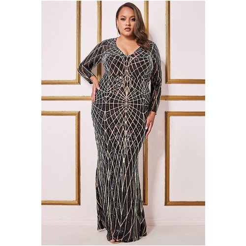 Goddiva Plus Geo Sequin Long Sleeve Maxi Dress - Black