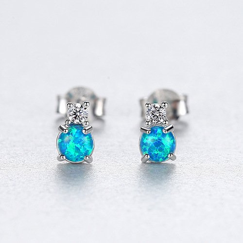 Casual Blue 3mm Created Opal CZ 925 Sterling Silver Stud Earring