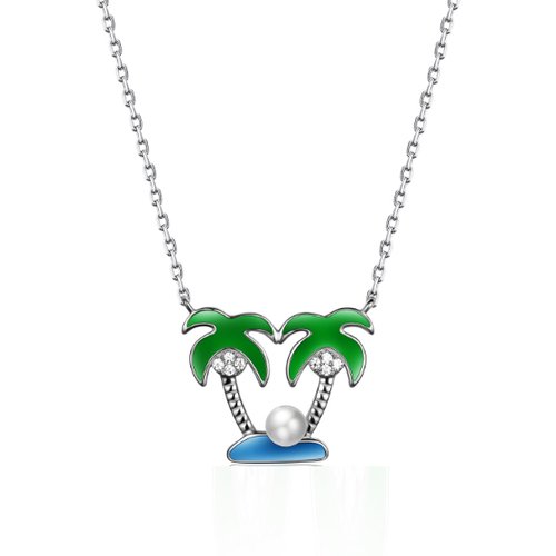 Summer Holiday Shell Pearl Palm Tree Beach 925 Sterling Silver Necklace