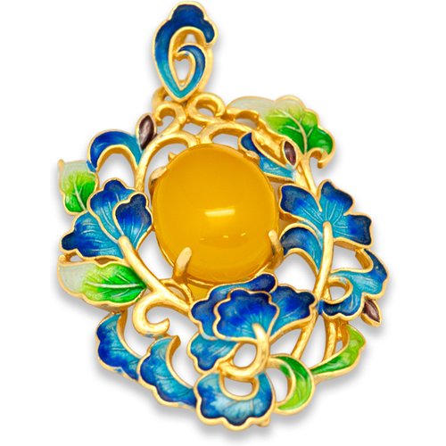 Blue Enamel Flower 925 Sterling Silver Genuine Yellow Chalcedony Pendant