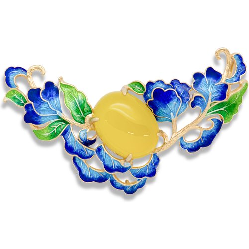 NEW Blue Peony Enamel 925 Sterling Silver Genuine Yellow Chalcedony Pendant
