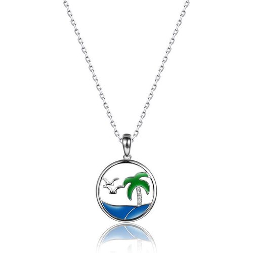 Summer Holiday Sea Gull Palm Tree Ocean 925 Sterling Silver Necklace