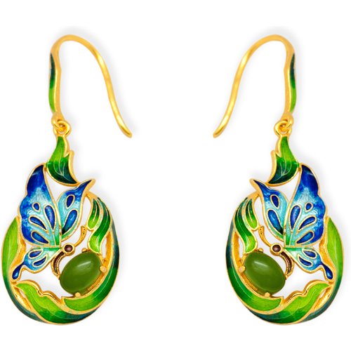Blue Enamel 925 Sterling Silver Genuine Green Jasper Butterfly Dangle Earrings
