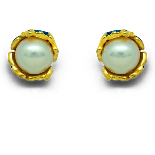 Natural White Pearl Blue Cloisonne Enamel 925 Sterling Silver Studs Earrings