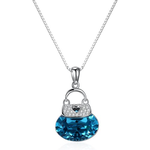 Modern Blue Austrian Crystal Bag CZ 925 Sterling Silver Necklace