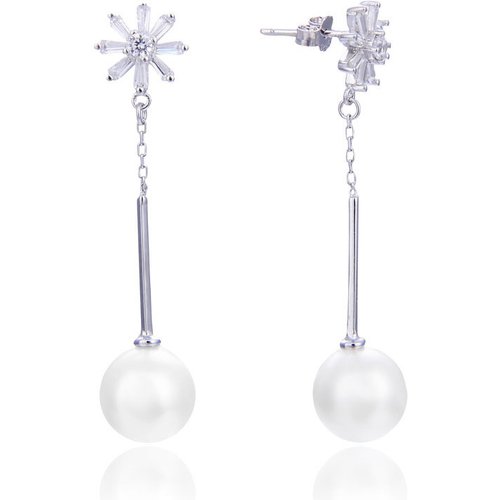 Sweet Flower CZ Shell Pearl 925 Sterling Silver Dangling Earrings