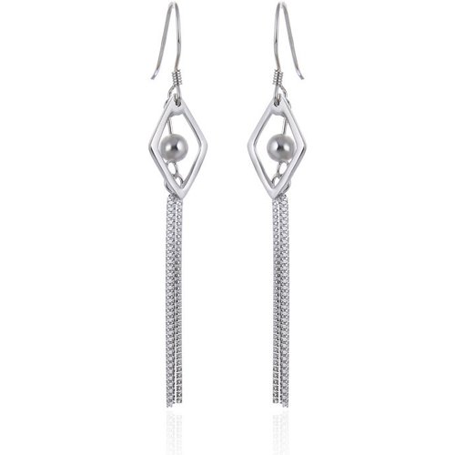 Geometric Diamond Tassels Beads 925 Sterling Silver Dangling Earrings