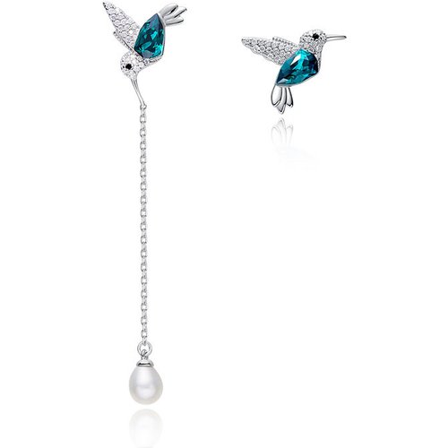 Asymmetric Natural Crystal Flying Bird CZ 925 Sterling Silver Dangling Earrings