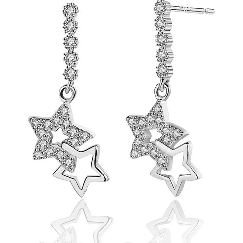 Sweet CZ Two Stars 925 Silver Dangling Earrings