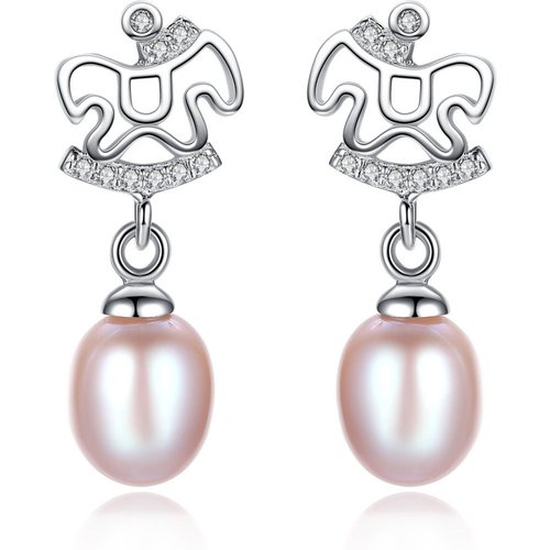 CZ Cute Horse Natural Pearl 925 Silver Dangling Earrings