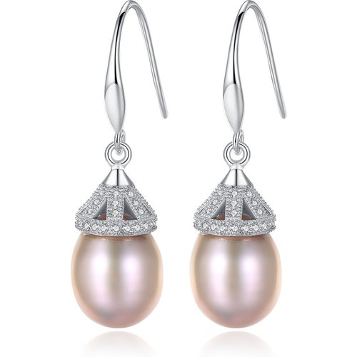 CZ Triangle Natural Pearl 925 Silver Dangling Earrings