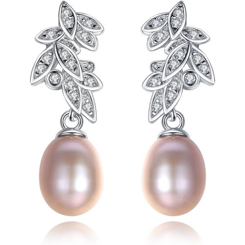 CZ Leaves Natural Pearl 925 Silver Dangling Earrings