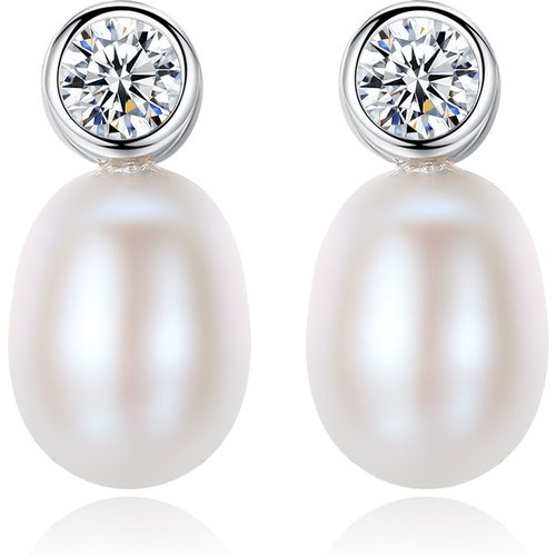 Round CZ Waterdrop Natural Pearl 925 Silver Studs Earrings