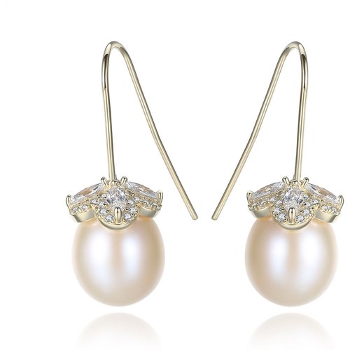 CZ Flower Natural Pearl 925 Silver Dangling Earrings