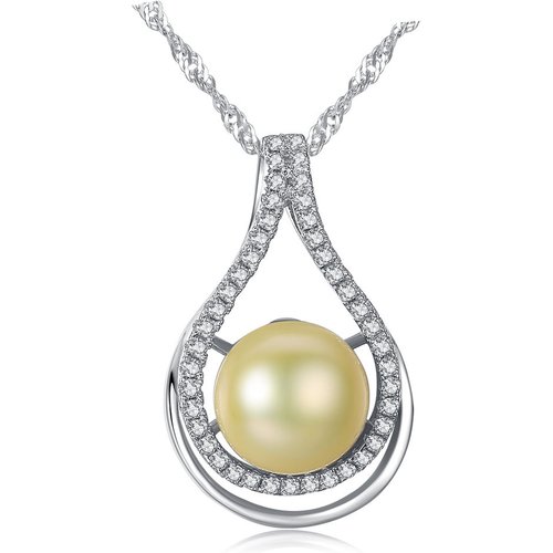Round Natural Pearl In Waterdrop CZ 925 Silver Necklace