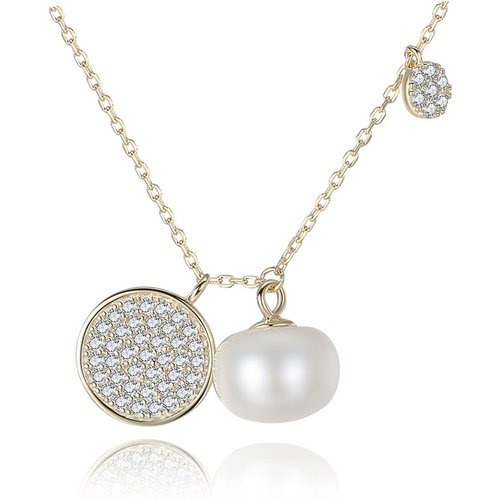 CZ Disc Half-Round Natural Pearl 925 Silver Necklace