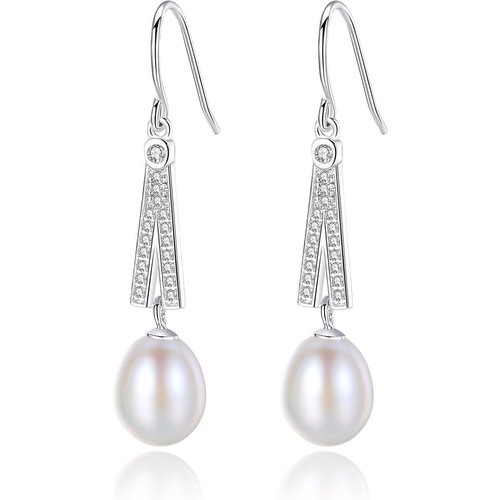 A Shape CZ Natural Pearl 925 Silver Dangling Earrings