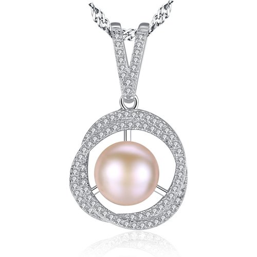 Natural Pearl In Twisted CZ Circle 925 Silver Necklace