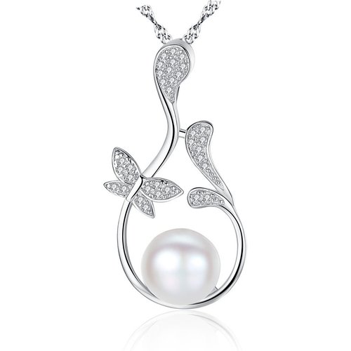Natural Pearl On CZ Flower Branch 925 Silver Necklace