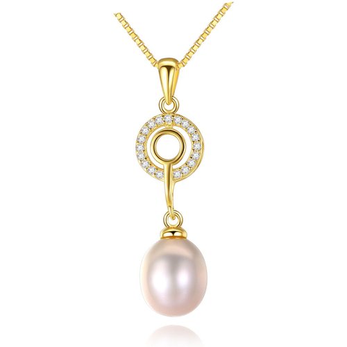 Elegant CZ Ring Natural Pearl 925 Sterling Silver Necklace