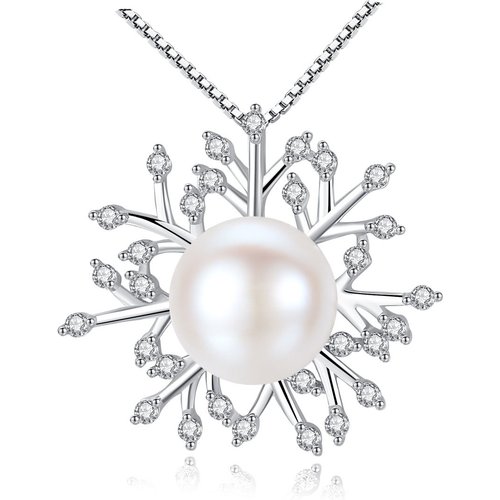 Elegant CZ Snowflake Natural Pearl 925 Sterling Silver Necklace