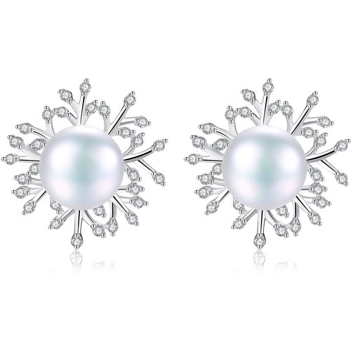 Sweet Natural Pearl Star CZ Flower Solid 925 Sterling Silver Studs Earrings