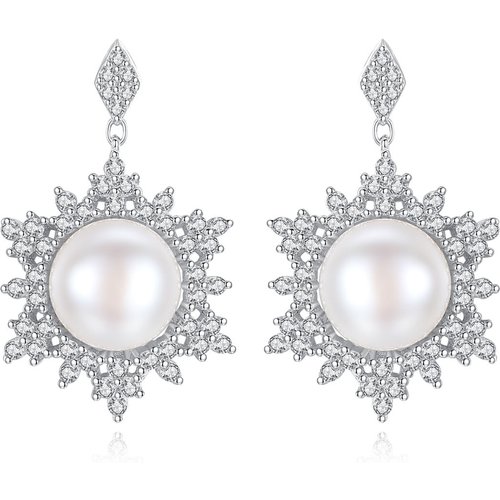 Modern Natural Pearl CZ Snowflake 925 Sterling Silver Dangling Earrings