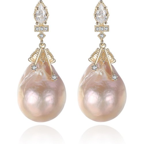 Modern Asymmetric Natural Pearl CZ 925 Sterling Silver Dangling Earrings