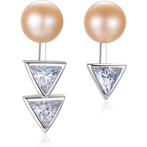 Lady Asymmetric Natural Pearl CZ Triangular Arrow 925 Silver Dangling Earrings