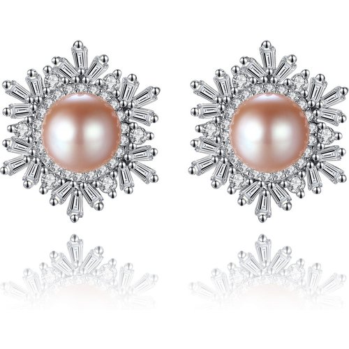 Lady Natural Pearl CZ Snowflake 925 Silver Studs Earrings