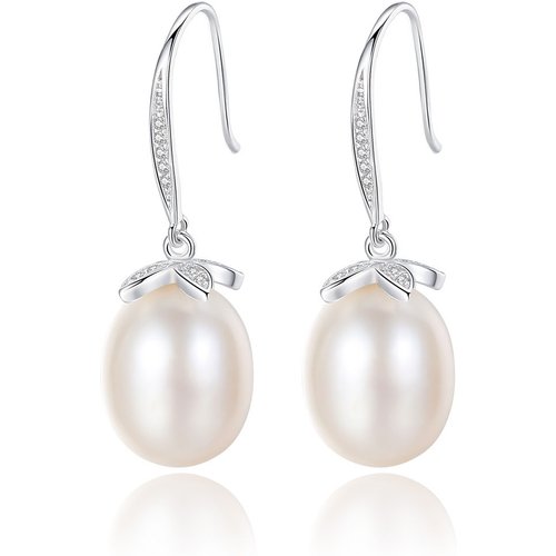 Lady Natural Pearl CZ Flower 925 Sterling Silver Dangling Earrings