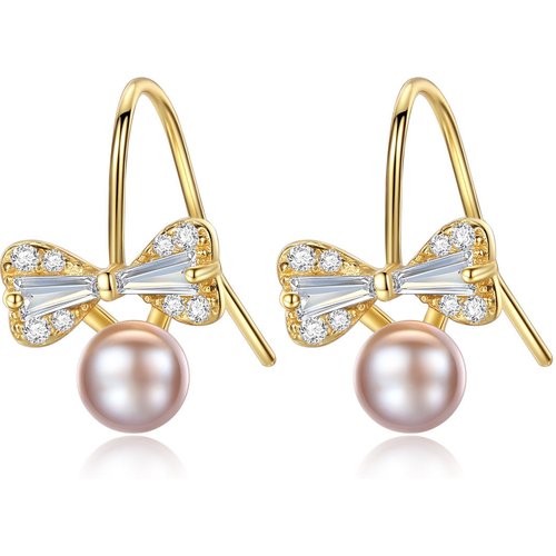 Sweet CZ Bowknot Natural Pearl 925 Sterling Silver Dangling Earrings