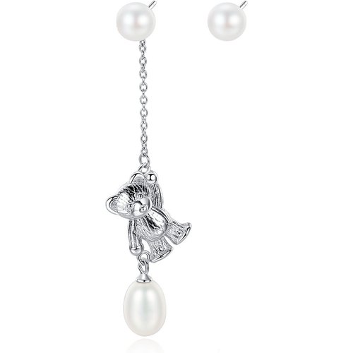 Asymmetric Bear Natural Pearl 925 Sterling Silver Dangling Earrings