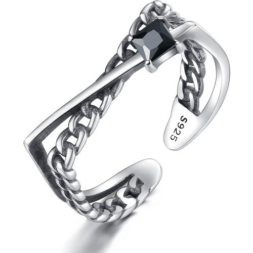 Vintage Chain Black CZ X Shape 925 Sterling Silver Adjustable Ring