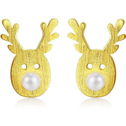Cute Animal Christmas Deer Created Pearl 925 Sterling Silver Studs Earrings