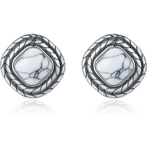 Vintage Square Created White Turquoise 925 Sterling Silver Studs Earrings
